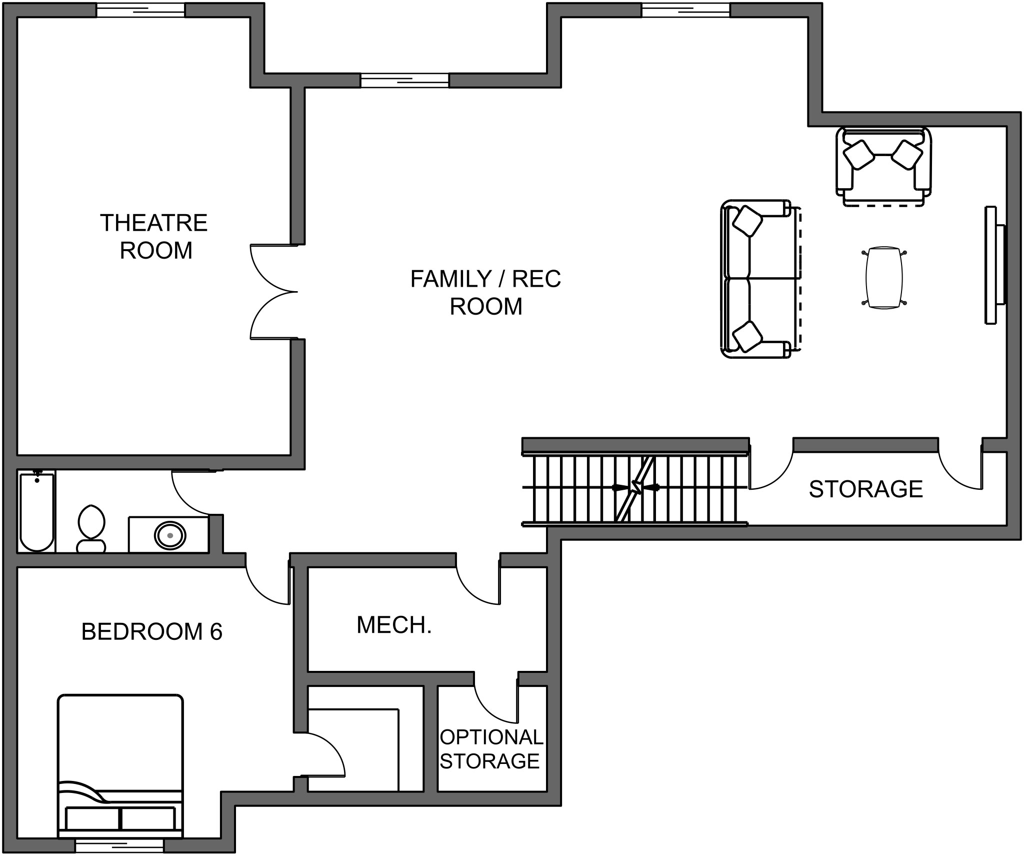 New home floor plan Pilot basement level by Braemar Construction