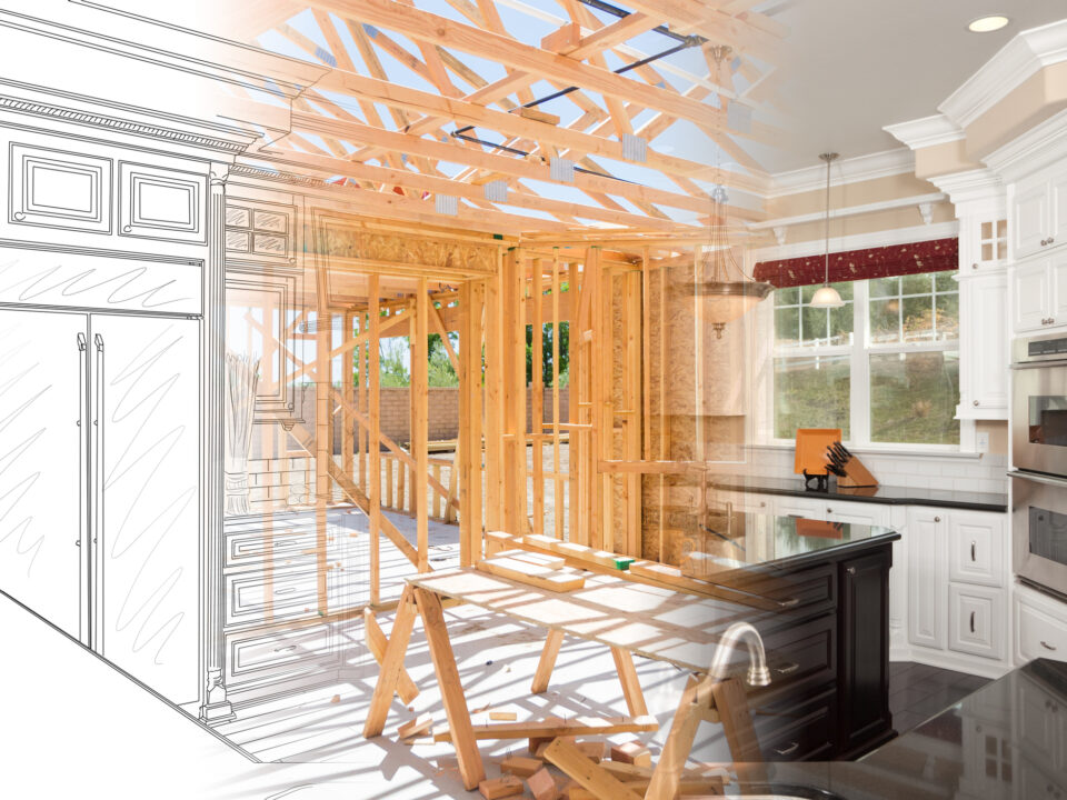 Kitchen Blueprint Drawing Gradating Into House Construction Framing Then Into Finished Build